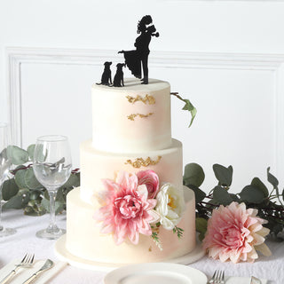 Stunning Black Acrylic Bride and Groom With Two Pet Dogs Cake Toppers