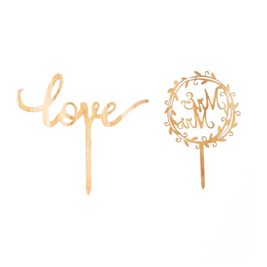 Set of 2 Rustic Mr & Mrs and Love Wedding Cake Topper Decorations, Natural Wooden#whtbkgd