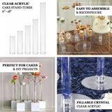 Clear acrylic cake stand tubes in various sizes, perfect for cakes and projects.
