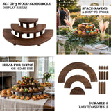 Set of 3 Rustic Brown Half Moon 3-Tier Wooden Cupcake Stands, Semi Circle Pedestal