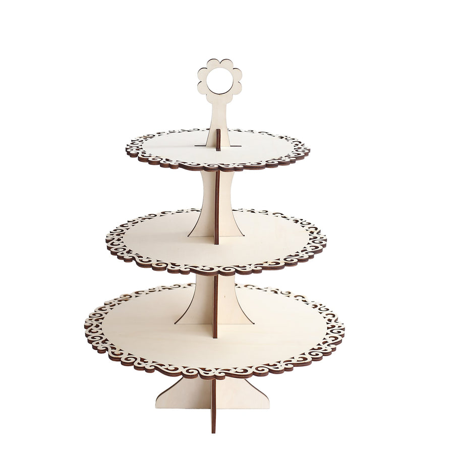 3-Tier Natural Wooden Cake Stand Table Centerpiece with Floral Edge, 16inch Rustic Round#whtbkgd