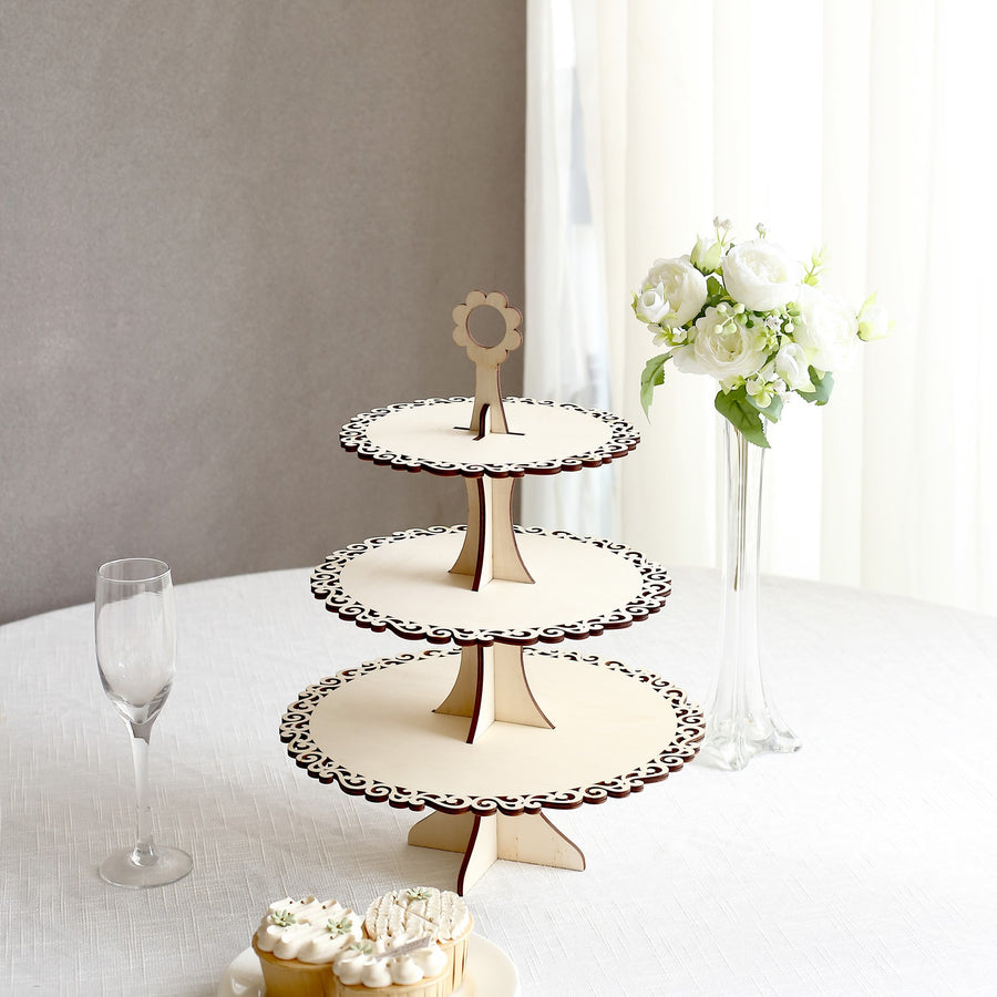 3-Tier Natural Wooden Cake Stand Table Centerpiece with Floral Edge, 16inch Rustic Round Cupcake