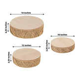 Set of 3 Natural Jute Rattan Pedestal Cupcake Stands with Top Wooden Plates, Stackable