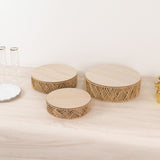 Set of 3 Natural Jute Rattan Pedestal Cupcake Stands with Top Wooden Plates, Stackable