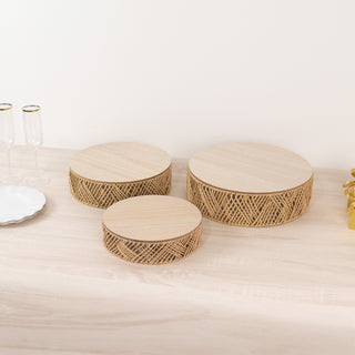 <h3 style="margin-left:0px;"><strong>Rustic Natural Jute Rattan Pedestal Cupcake Stands with Top Wooden Plates</strong>