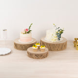 Set of 3 Natural Jute Rattan Pedestal Cupcake Stands with Top Wooden Plates, Stackable