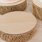 Set of 3 Natural Jute Rattan Pedestal Cupcake Stands with Top Wooden Plates, Stackable