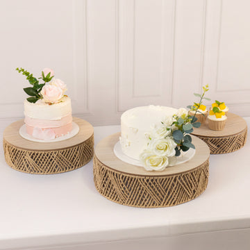 Set of 3 Natural Jute Rattan Pedestal Cupcake Stands with Top Wooden Plates, Stackable Round Rustic Farmhouse Woven Cake Dessert Holder Display Stands - 10",12",14"