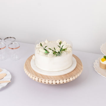 Natural Rustic Wooden Pedestal Cupcake Stand With Beaded Edge, 12" Round Boho Cake Dessert Display Plate Serving Tray