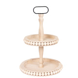 2-Tier Natural Beaded Wooden Cupcake Stand With Metal Handle#whtbkgd