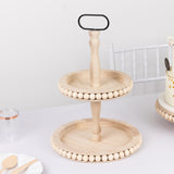 2-Tier Natural Beaded Wooden Cupcake Stand With Metal Handle