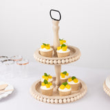 2-Tier Natural Beaded Wooden Cupcake Stand With Metal Handle