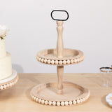 2-Tier Natural Beaded Wooden Cupcake Stand With Metal Handle