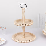 2-Tier Natural Beaded Wooden Cupcake Stand With Metal Handle