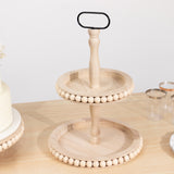 2-Tier Natural Beaded Wooden Cupcake Stand With Metal Handle