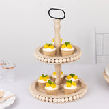 2-Tier Natural Beaded Wooden Cupcake Stand With Metal Handle