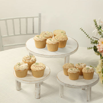 Set of 3 Whitewash Wooden Pedestal Cupcake Stands with Removable Legs, Stackable Round Rustic Cake Dessert Display Stands Plant Risers - 7",9.5",12"