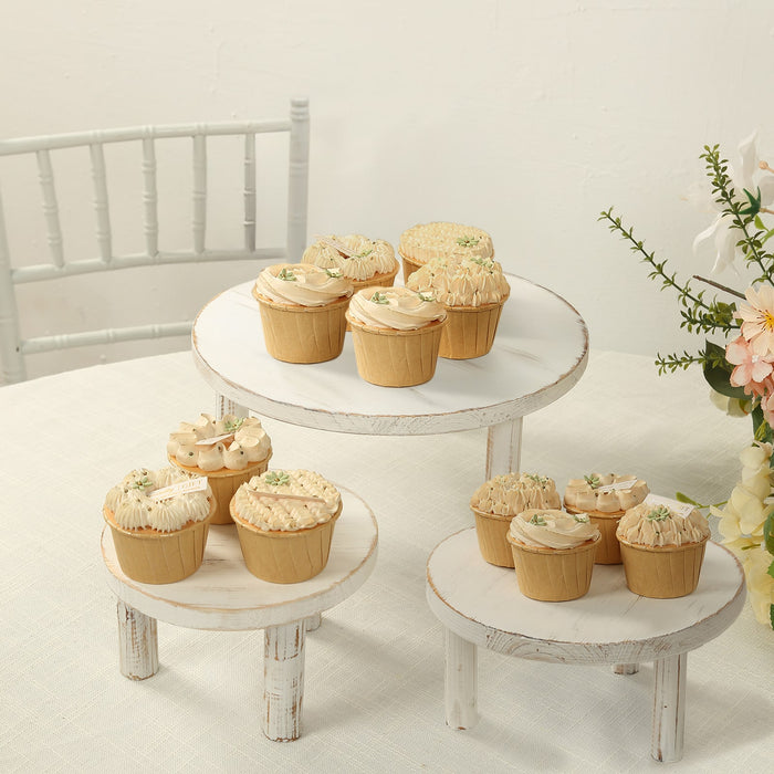 Set of 3 Whitewash Wooden Pedestal Cupcake Stands with Removable Legs, Stackable Round