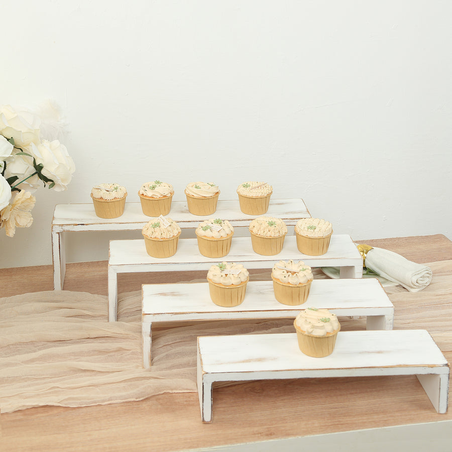 Set of 4 Whitewash Wooden Cupcake Pedestal Stands in Rectangular Bench Style