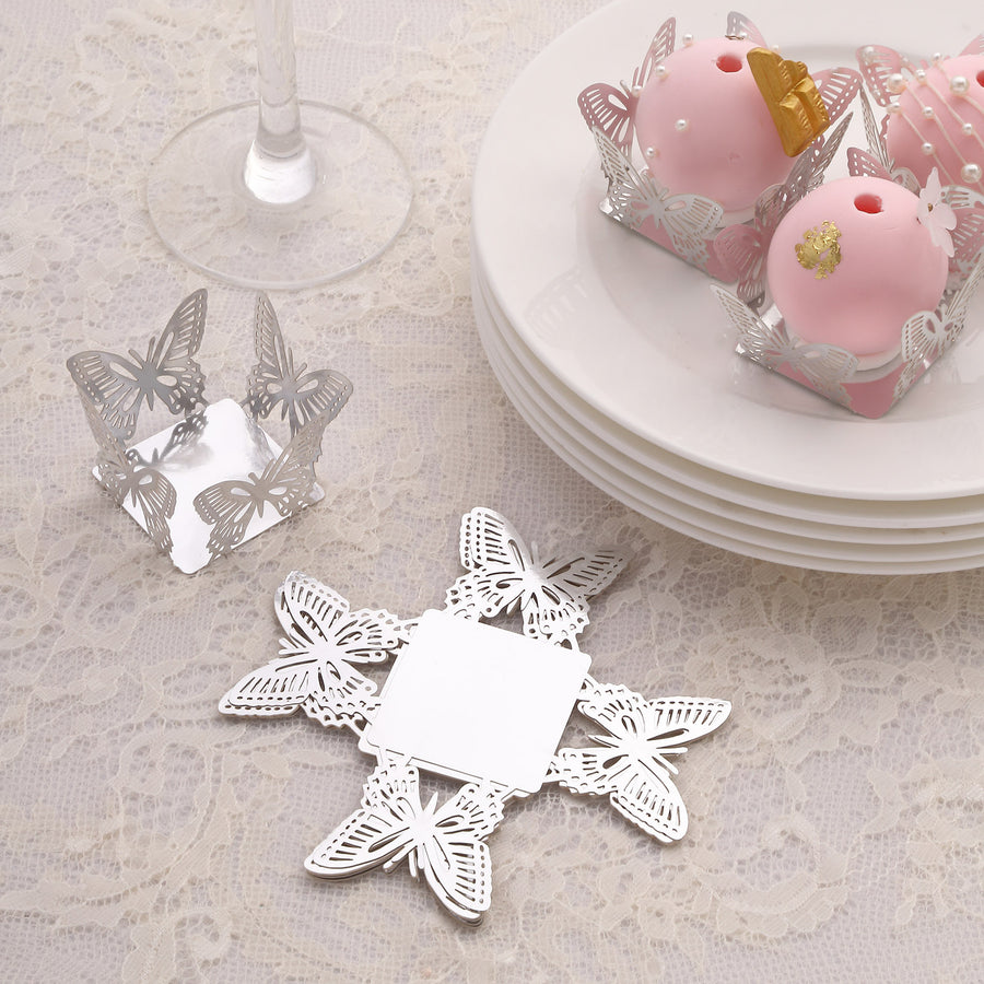 50 Pack 4inch Mini Metallic Silver Butterfly Cupcake Wrappers, Square Truffle Cup