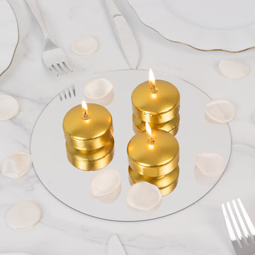 12 Pack 2" Metallic Gold Floating Candles – Unscented Dripless Long-Lasting Disc Wax Candles for Weddings & Table Décor
