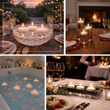 Elegant floating candles in various settings for a romantic ambiance.