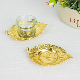 Elegant Shiny Gold Metal Maple Leaf Tealight Candle Holders