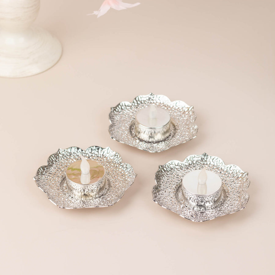3 Pack | 4inch Shiny Silver Metal Plum Blossom Tealight Candle Holders, Vintage Mini Tea Cup Saucers