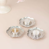 3 Pack | 4inch Shiny Silver Metal Plum Blossom Tealight Candle Holders, Vintage Mini Tea Cup Saucers