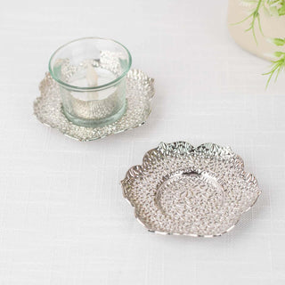 Elegant Shiny Silver Metal Plum Blossom Tealight Candle Holders