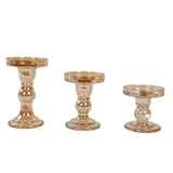 Set of 3 Amber Gold Premium Glass Taper Candle Holders with Round Candle Tray#whtbkgd