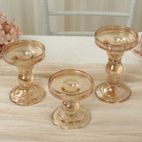 Set of 3 Amber Gold Premium Glass Taper Candle Holders with Round Candle Tray