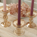 Set of 3 Amber Gold Premium Glass Taper Candle Holders with Round Candle Tray