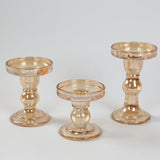 Set of 3 Amber Gold Premium Glass Taper Candle Holders with Round Candle Tray