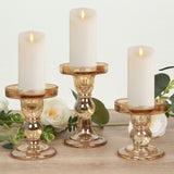 Set of 3 Amber Gold Premium Glass Taper Candle Holders with Round Candle Tray