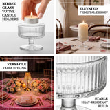 Ribbed glass votive candle holders with pedestal design for elegant table decor