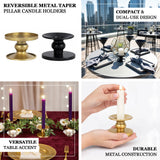 Reversible metal taper candle holders in black and gold, versatile table accent.