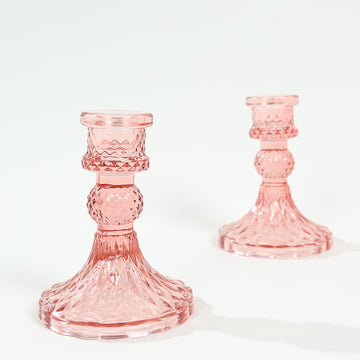 6 Pack Dusty Rose Diamond Pattern Glass Pillar Votive Candle Stands, 4" Reversible Crystal Taper Candlestick Holders