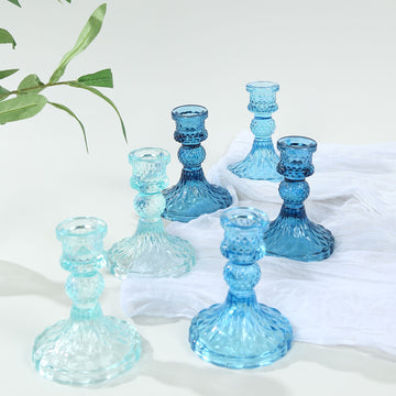6 Pack Assorted Blue Diamond Pattern Glass Pillar Votive Candle Stands, 4" Reversible Crystal Taper Candlestick Holders