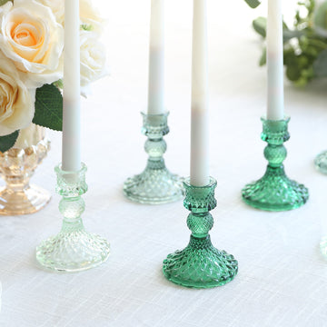 6 Pack Assorted Green Diamond Pattern Glass Pillar Votive Candle Stands, 4" Reversible Crystal Taper Candlestick Holders