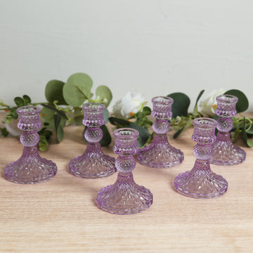 6 Pack Glass Pillar Votive Candle Stands with Diamond Pattern, Reversible Crystal Taper Candlestick Holders, Lavender Lilac - 4"