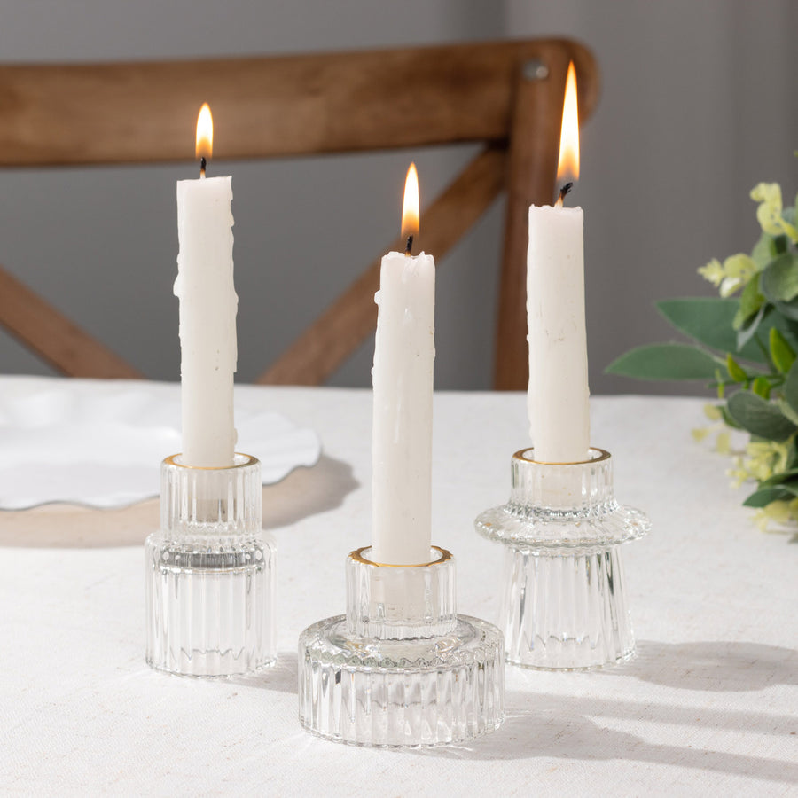 Set of 6 Clear Ribbed Crystal Glass 3inch Taper Candle Holders