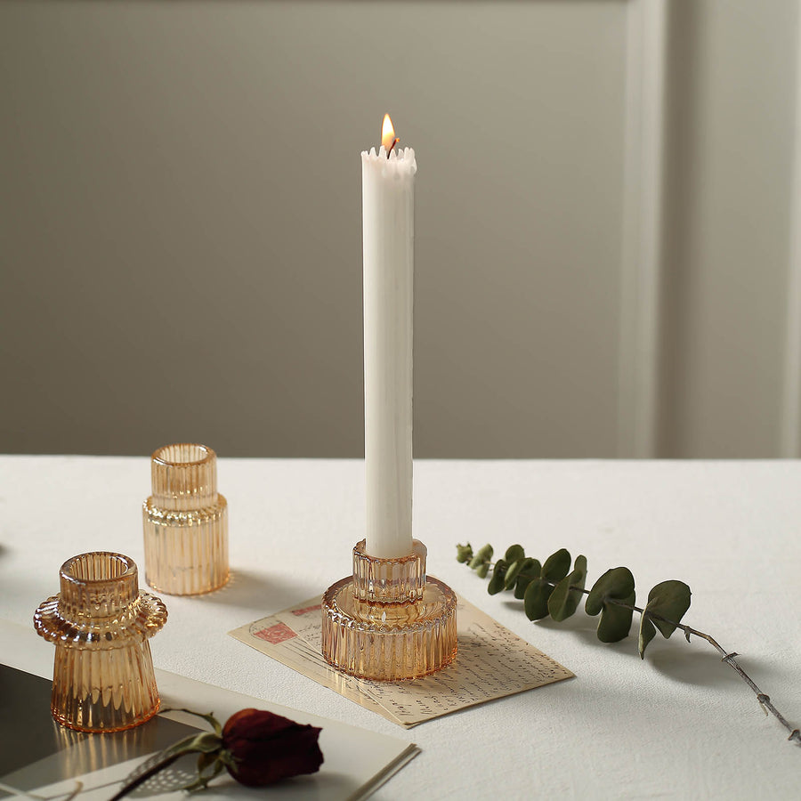 Set of 6 | 3inch Gold Ribbed Crystal Glass Taper Candle Holders, Tealight Pillar Candle Stands