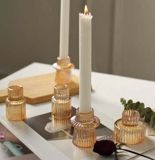 Versatile and Timeless Amber Gold Ribbed Crystal Glass Candle Holders