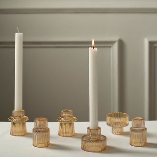 Enhance Your Space with the Elegance of Gold Ribbed Crystal Glass Candle Holders