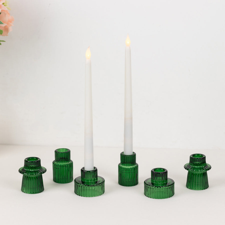 Set of 6 Hunter Emerald Green Ribbed Crystal Glass 3inch Taper Candle Holders, Reversible