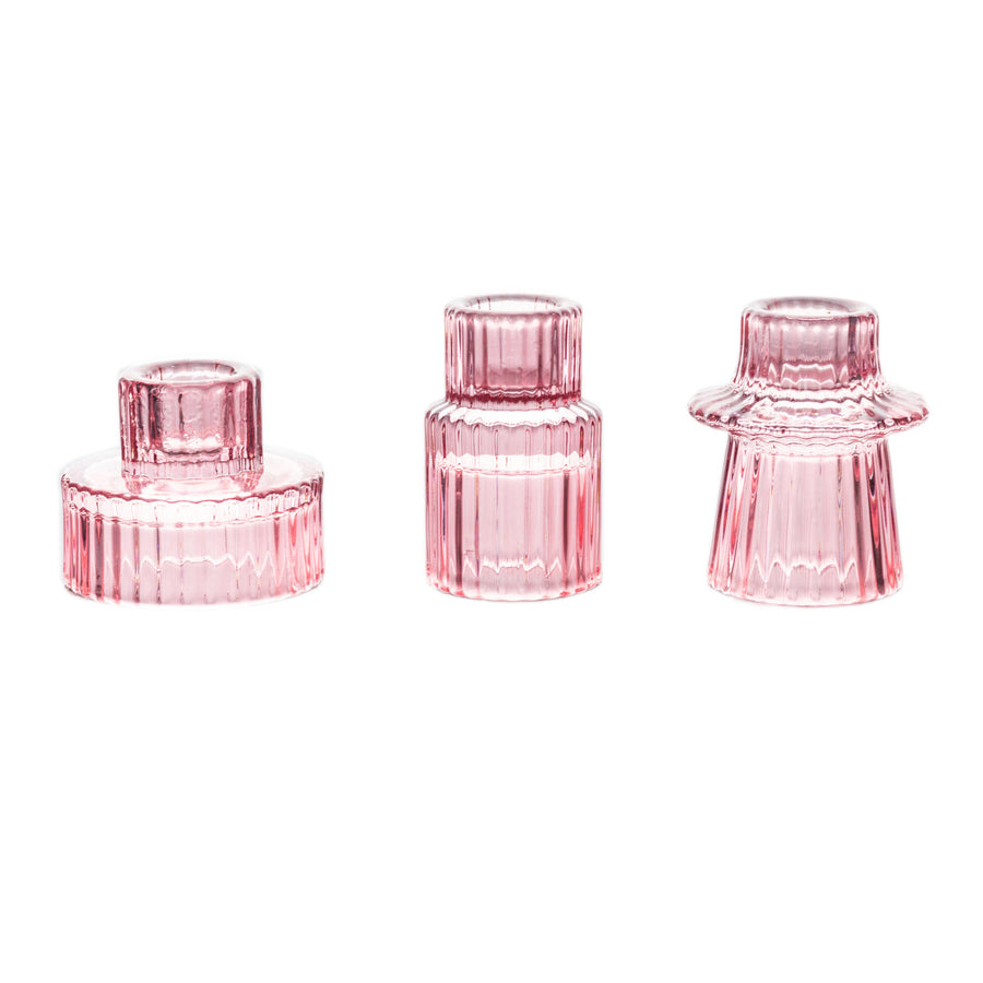 Set of 6 Pink Ribbed Crystal Glass 3inch Taper Candle Holders, Reversible Mini Votive#whtbkgd