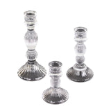 Set of 3 Clear Ribbed Glass Taper Candlestick Holders, Fluted Crystal Candle Stands#whtbkgd