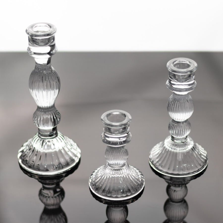 Set of 3 Clear Ribbed Glass Taper Candlestick Holders, Fluted Crystal Candle Stands