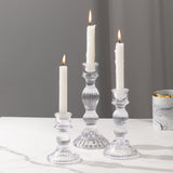 Set of 3 Clear Ribbed Glass Taper Candlestick Holders, Fluted Crystal Candle Stands